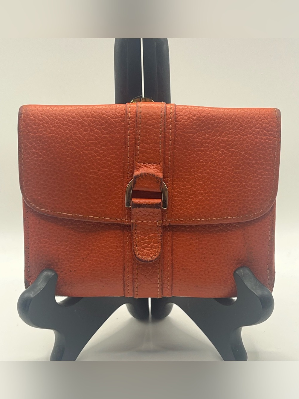 Longchamp Le Foulonné Orange Pebbled Leather Compact Bifold Wallet